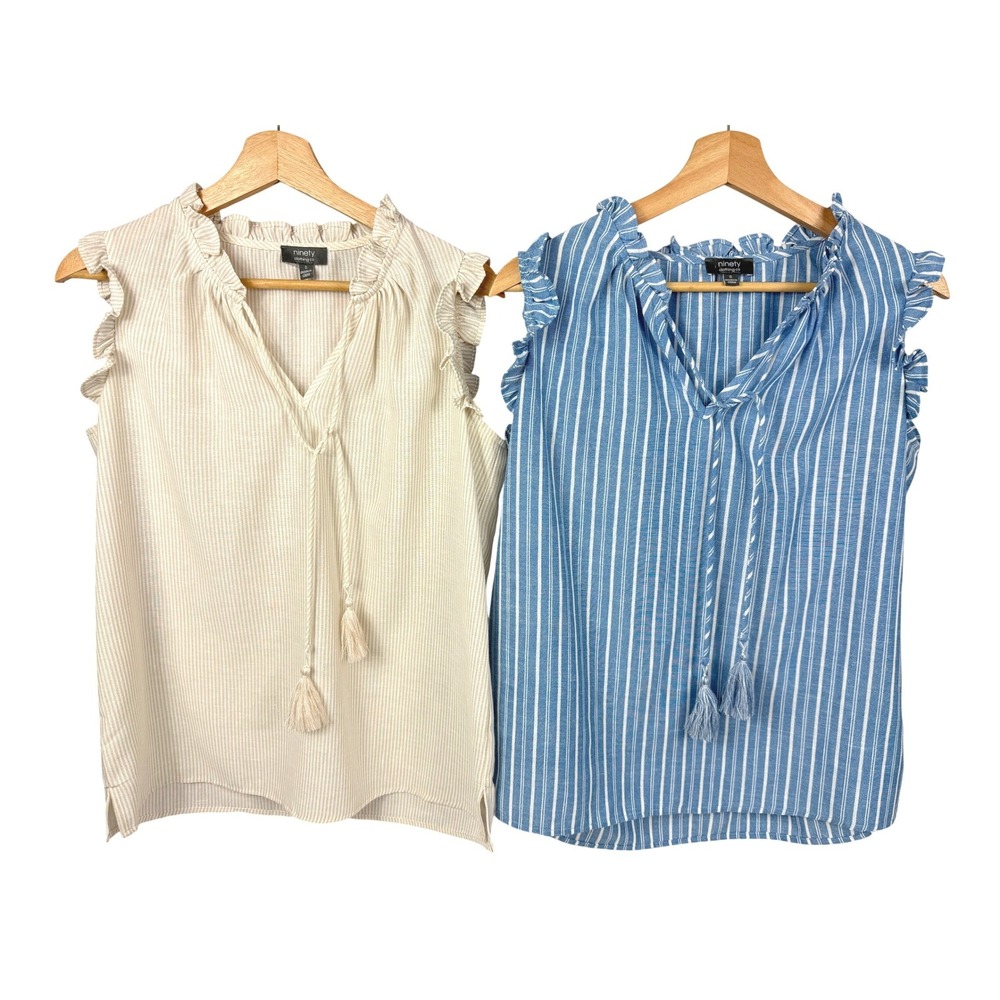 Lot of 2 Ninety Clothing Co Striped Ruffle Sleeve VNeck Tassel Tie Blouse Womens